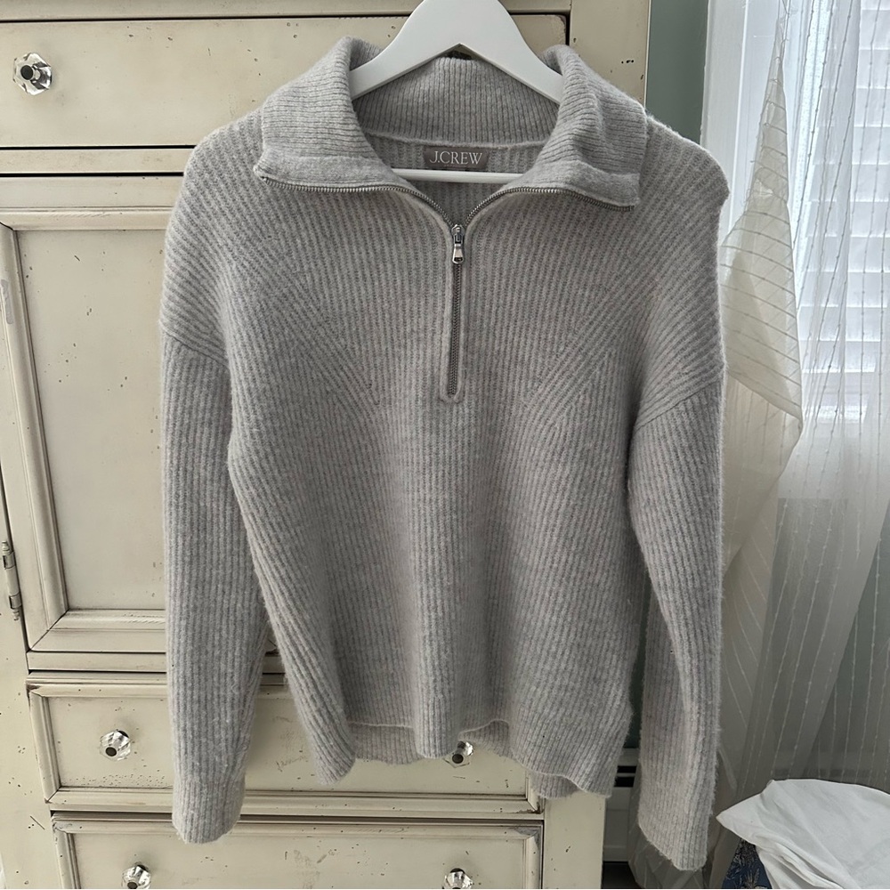 J. CREW LIGHT GRAY RIBBED HALF ZIP SWEATER